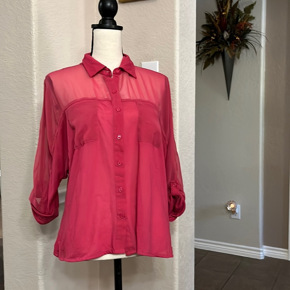 Rue21 pink sheer chiffon button down top shirt Size M